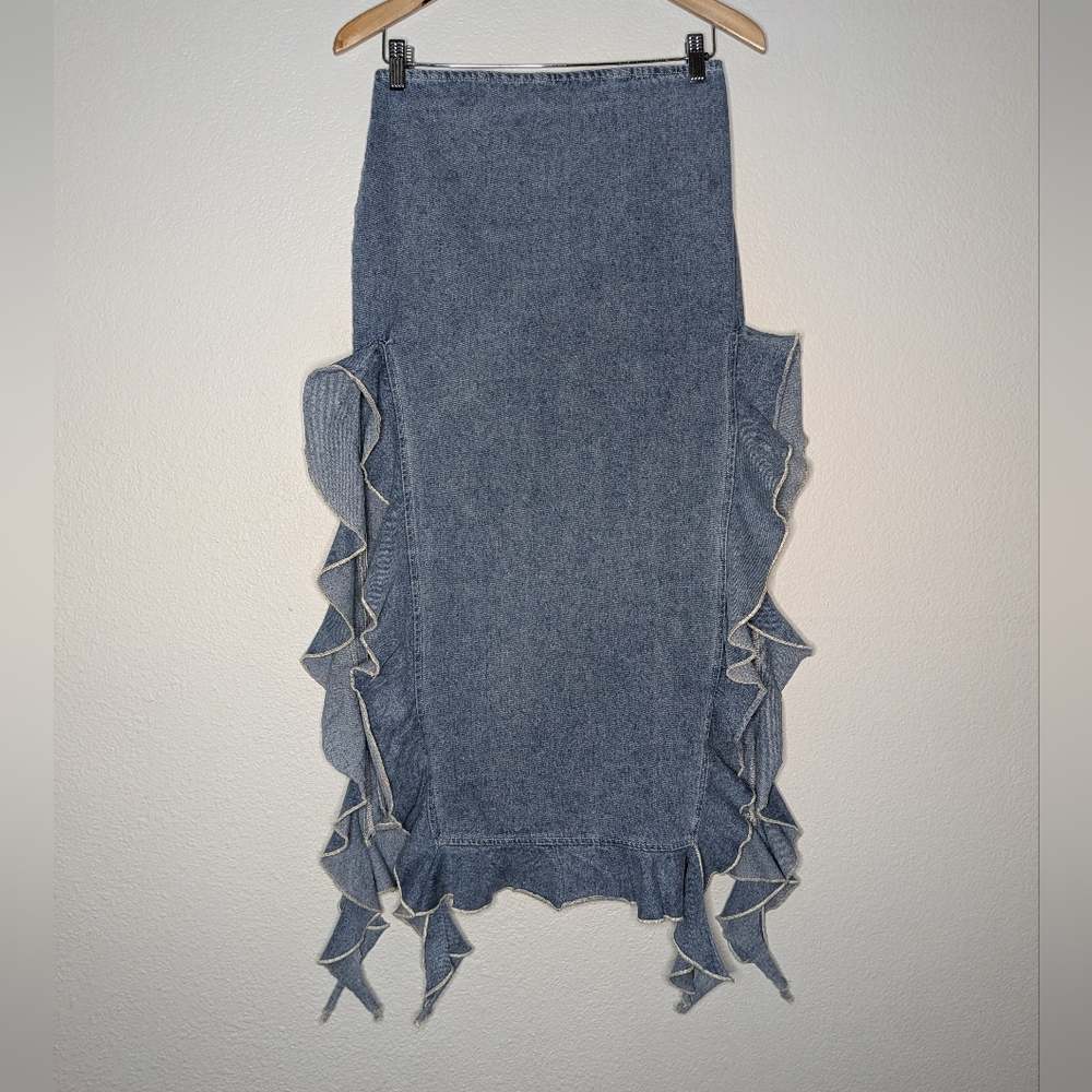 Sweet Rain Womens Western Boho Blue Denim Open Side Tattered Ruffle Midi Skirt S